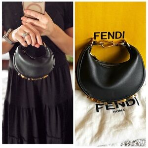 FENDI Nano Fendigraphy moon black leather gold logo + box+crossbody chain